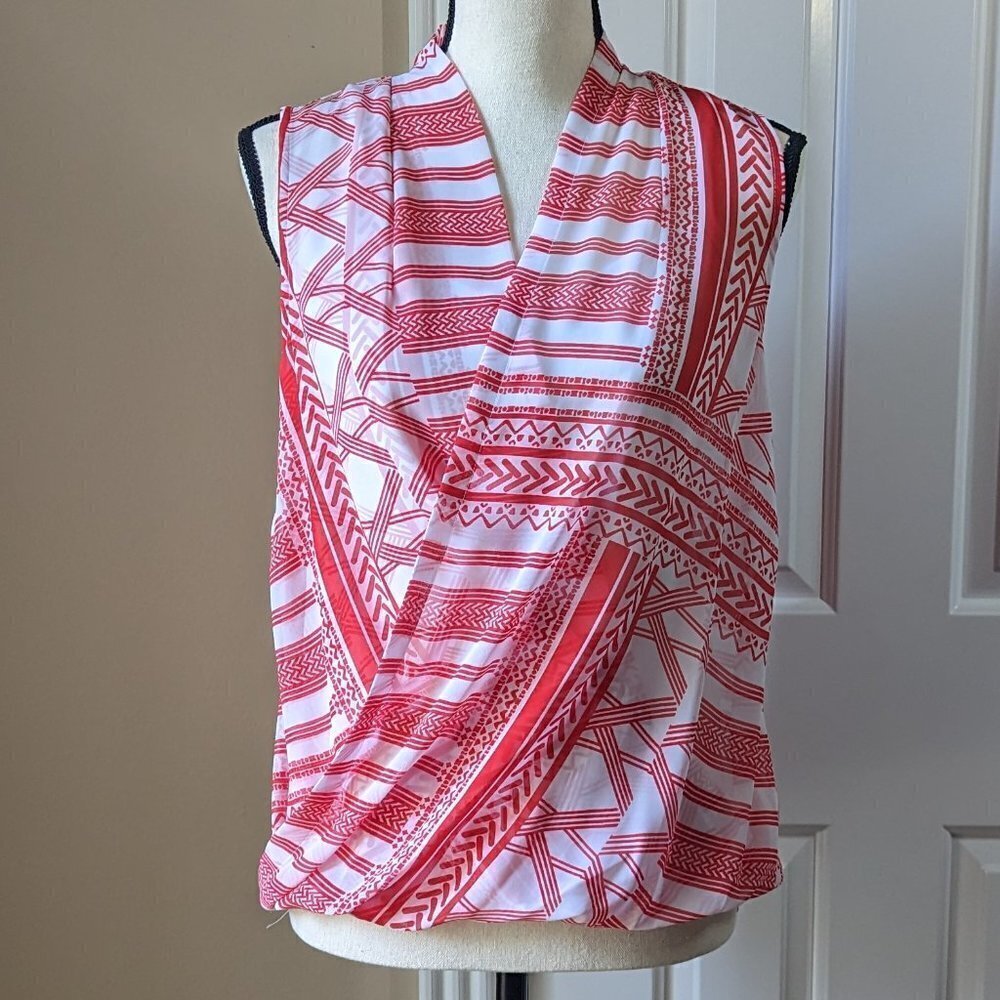 Liz Claiborne Petite Medium red white sleeveless faux wrap blouse with cami NWT